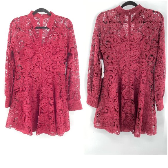 Aqua NWT Lace Button Front Long Sleeve Mock Neck Mini Dress Burgundy Medium New - Picture 2 of 12